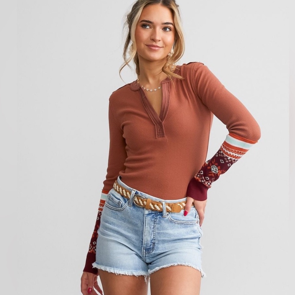 Free People Brown Long Sleeve Top with Patterned Sleeves